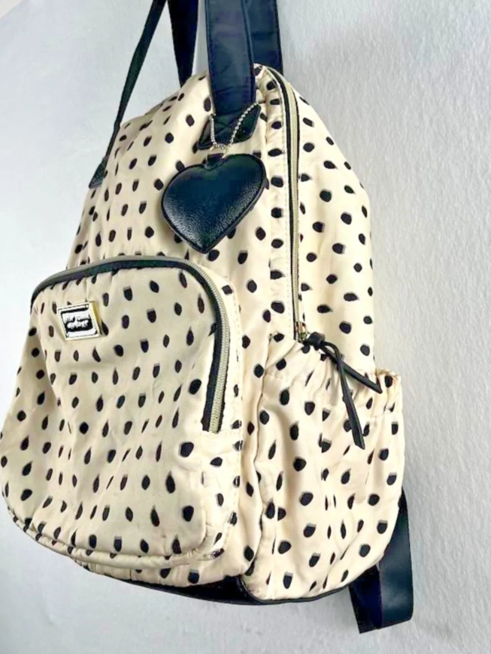 Betsey Johnson Cream Black Polka Dot Nylon Backpack Purse Heart Charm College